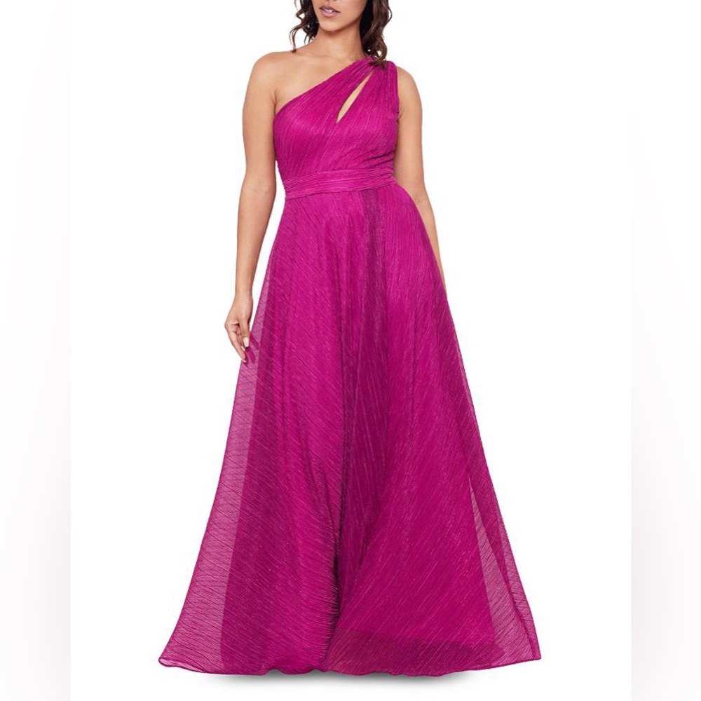 Magenta AQUA one shoulder crinkled metallic gown